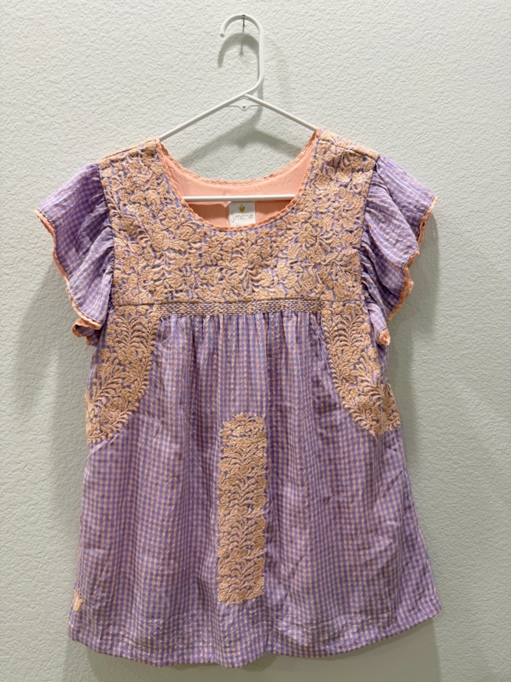 J.Marie Suri Blouse Embroidered Seersucker Lavender and Peach XS Like New